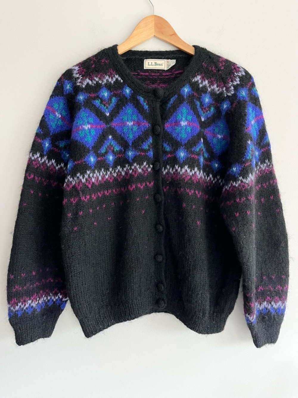 L.L. Bean Vintage Black Mohair Cardigan with Blue and Purple Motif Large